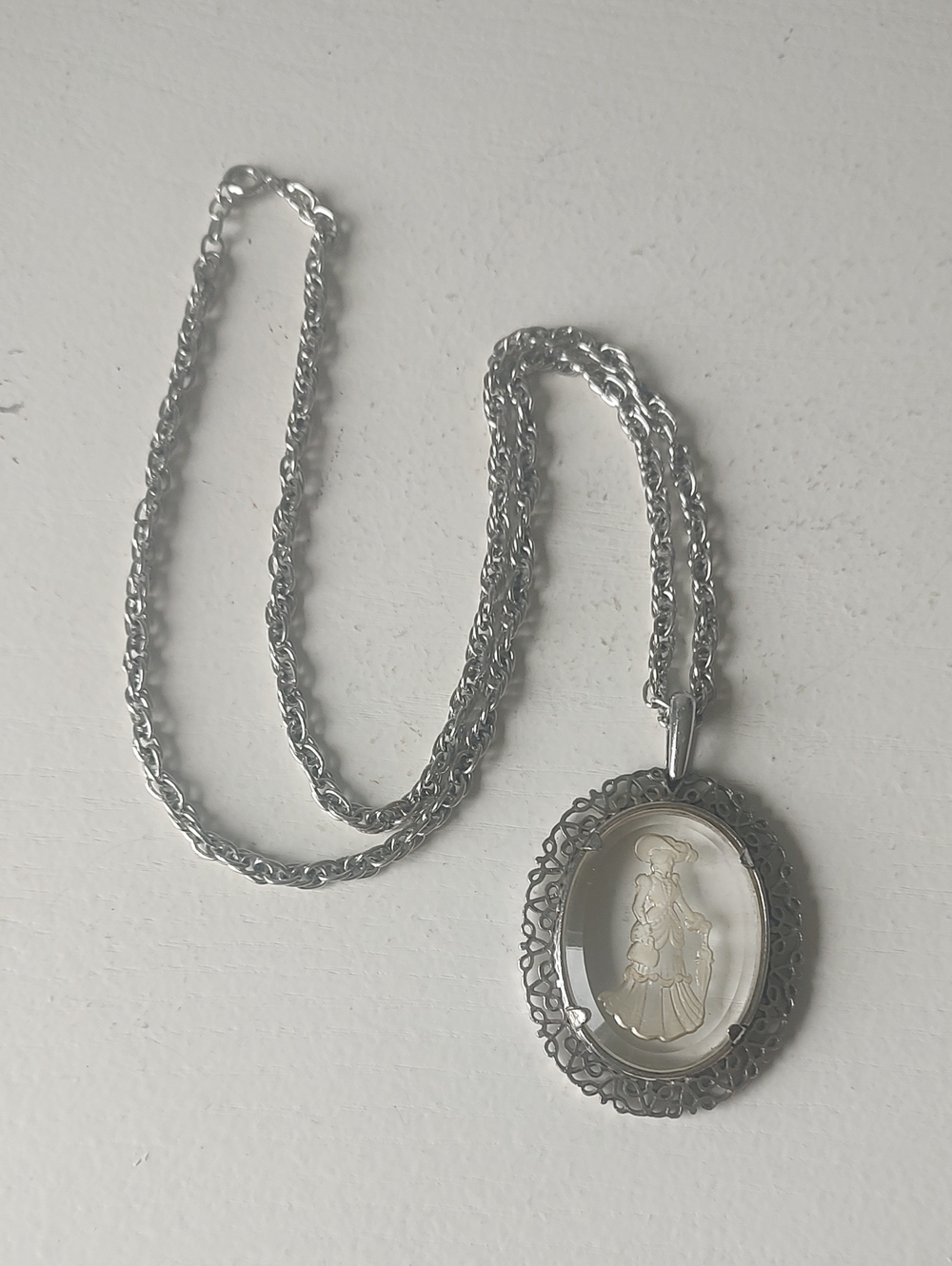 Vintage Reverse Carved Clear Glass Victorian Lady Pendant Necklace